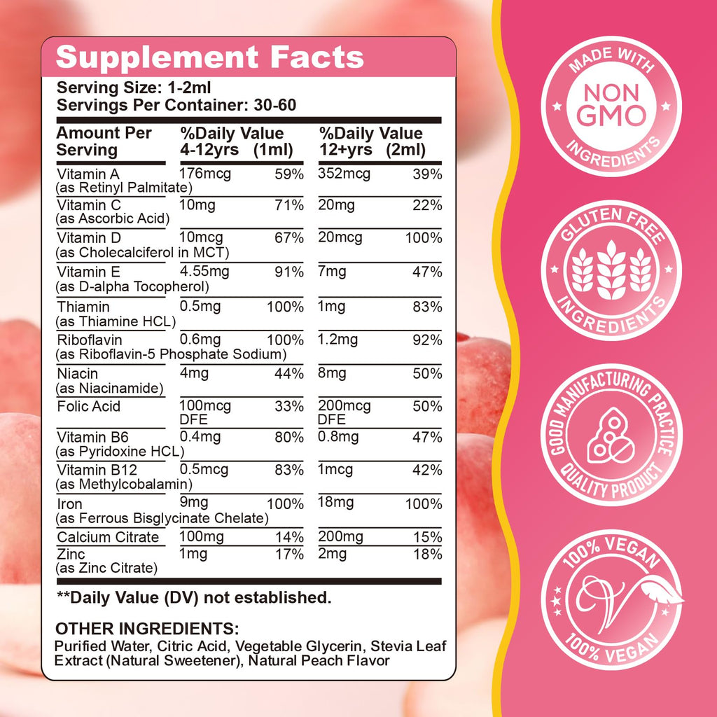 Liquid Iron Supplement for Kids, Women & Men - with Calcium, Zinc, Kids Multivitamin with Iron Drops - Blood Builder & Energy Support for Iron Deficiency, Anemia, Peach Flavor 4 Fl Oz