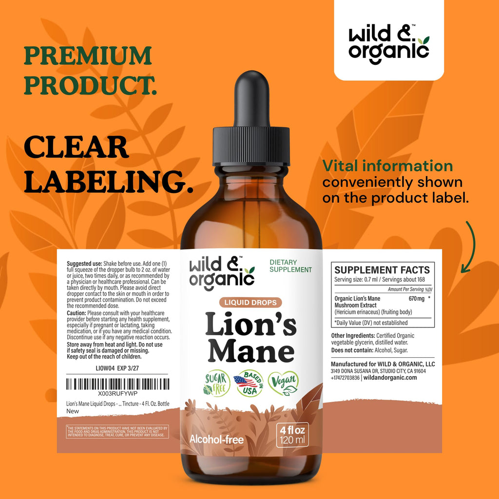 Wild & Organic Lions Mane Liquid Drops - Brain & Focus Support - 84-Day Supply - Lion's Mane Mushroom Supplement - Hericium Erinaceus Mushroom Drops - Sugar & Alcohol-Free Extract Tincture - 4 fl oz