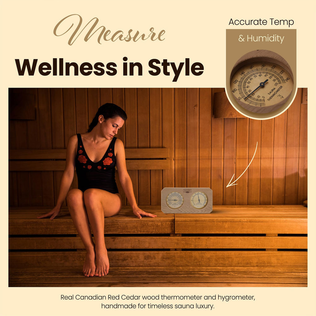 RUVARO Sauna Thermometer and Hygrometer 2-in-1 – Handcrafted from Canadian Red Cedar Wood - Analog Temperature & Humidity Gauge – Fahrenheit & Celsius – Premium Glass Dial – Luxury Sauna Accessories