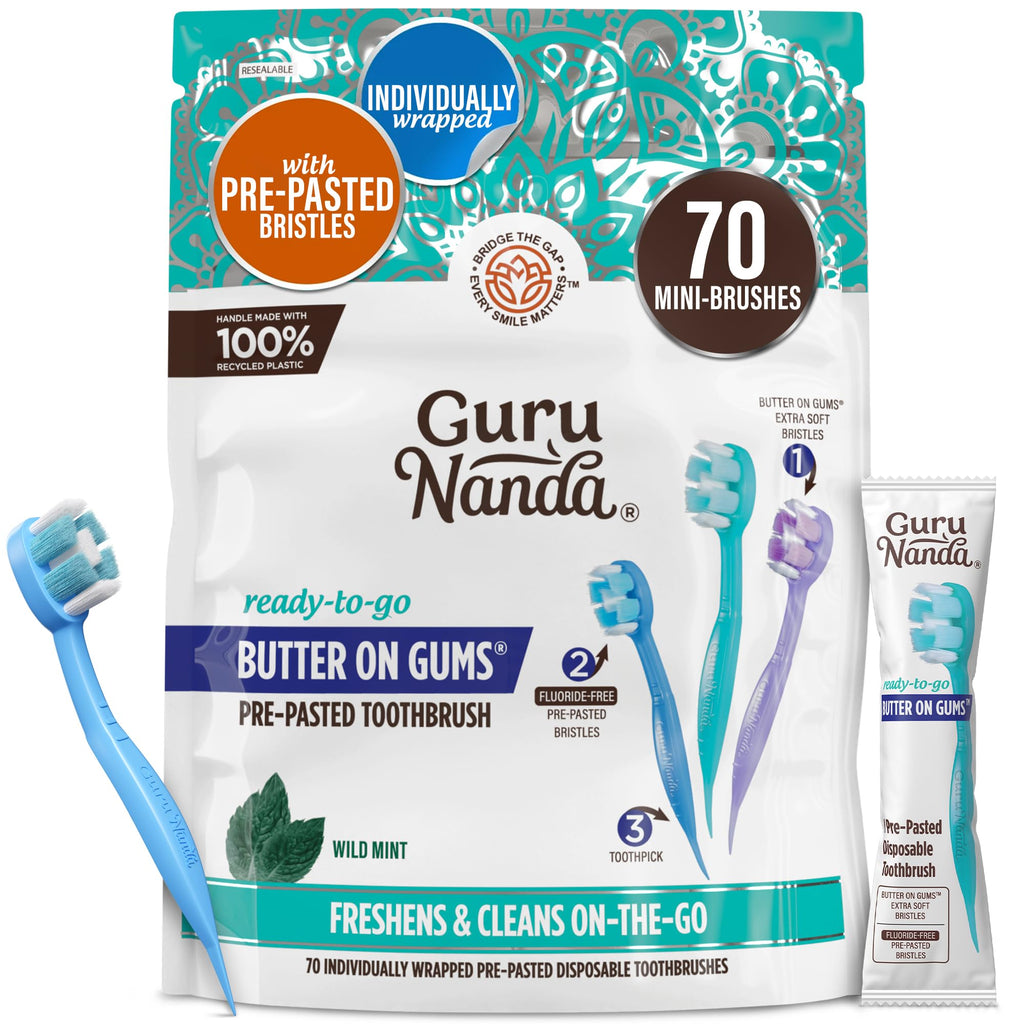 GuruNanda Disposable Travel Toothbrush 1.0, Fluoride Free Toothpaste, 70 ct