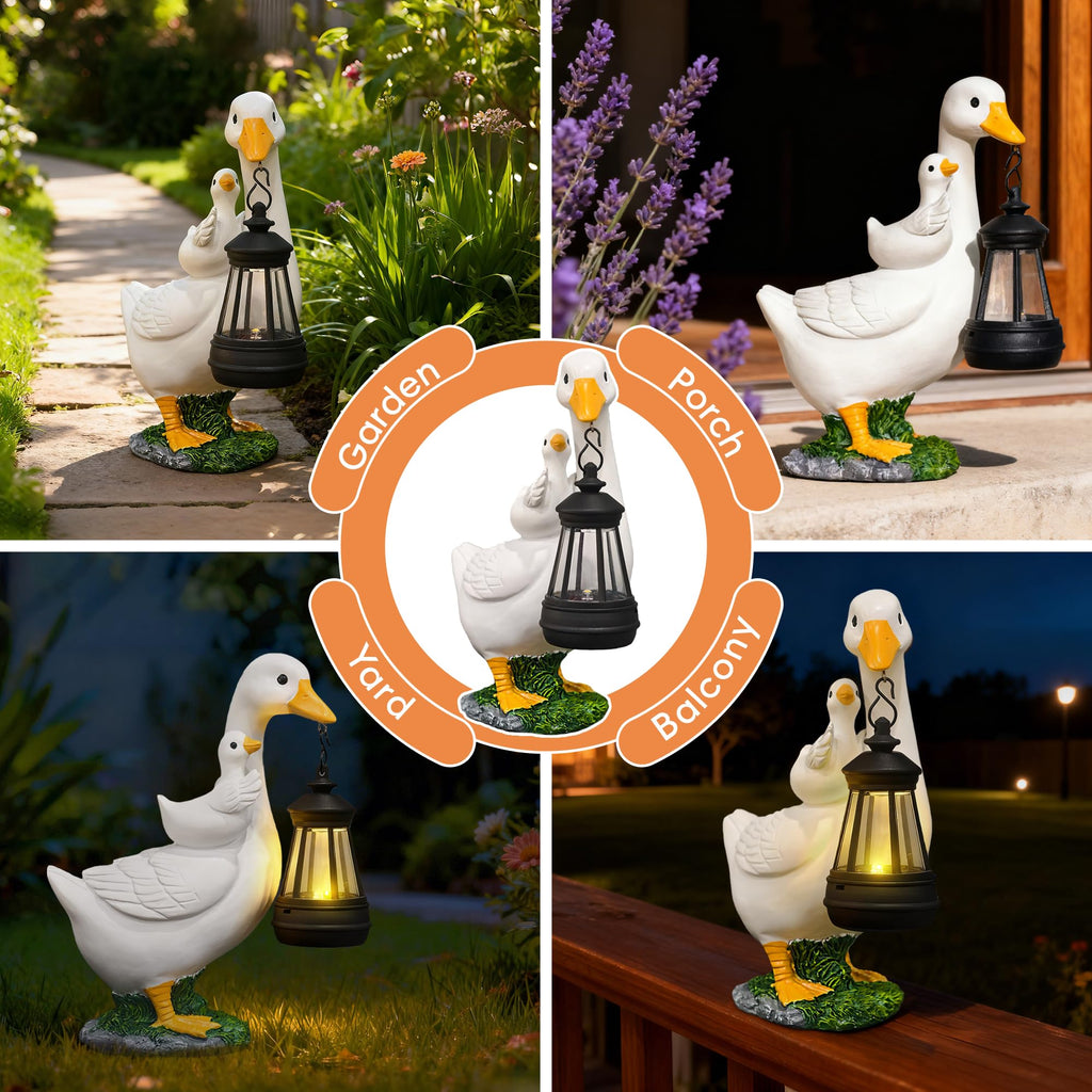 Solar Goose Statue with Lantern, 7.48" Resin Garden Decor Outdoor Ornament