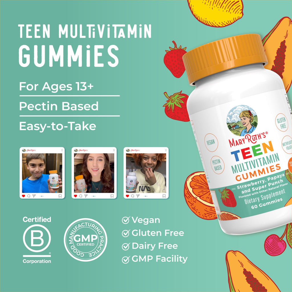 MaryRuth's Multivitamin Gummies for Teens | Vitamin D3, A, C, E, B6, B12, Zinc, Iodine, Biotin | Immunity | Tissue, Vision, & Skin Health | Vegan | Non-GMO | Sugar Free | Gluten Free | 60 Count