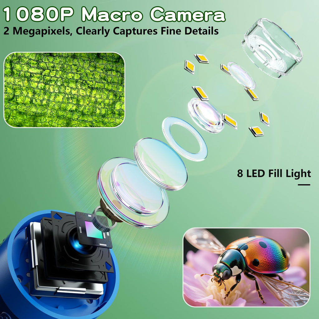 Odatay Microscope for Kids with 12 Slides, 100X-1000X 1080P Digital Handheld Kids Microscope, Mini Portable Pocket Miniscope Science Toys Gifts for 3+ 4 5 6 7 8 9 10 11 12 Year Old Boys Girls, Blue