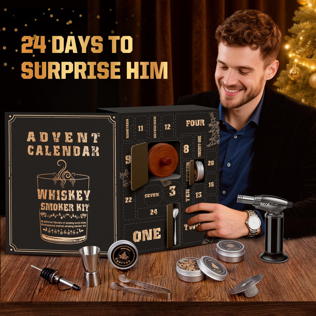 Whiskey Advent Calendar 2025 for Men, 24-Day Bourbon Smoker Infuser Kit for Cocktail and whisky Lovers, Perfect Christmas and Holiday Gift for Husband, Dad, Boyfriend, Him(NO BUTANE,GLASS)