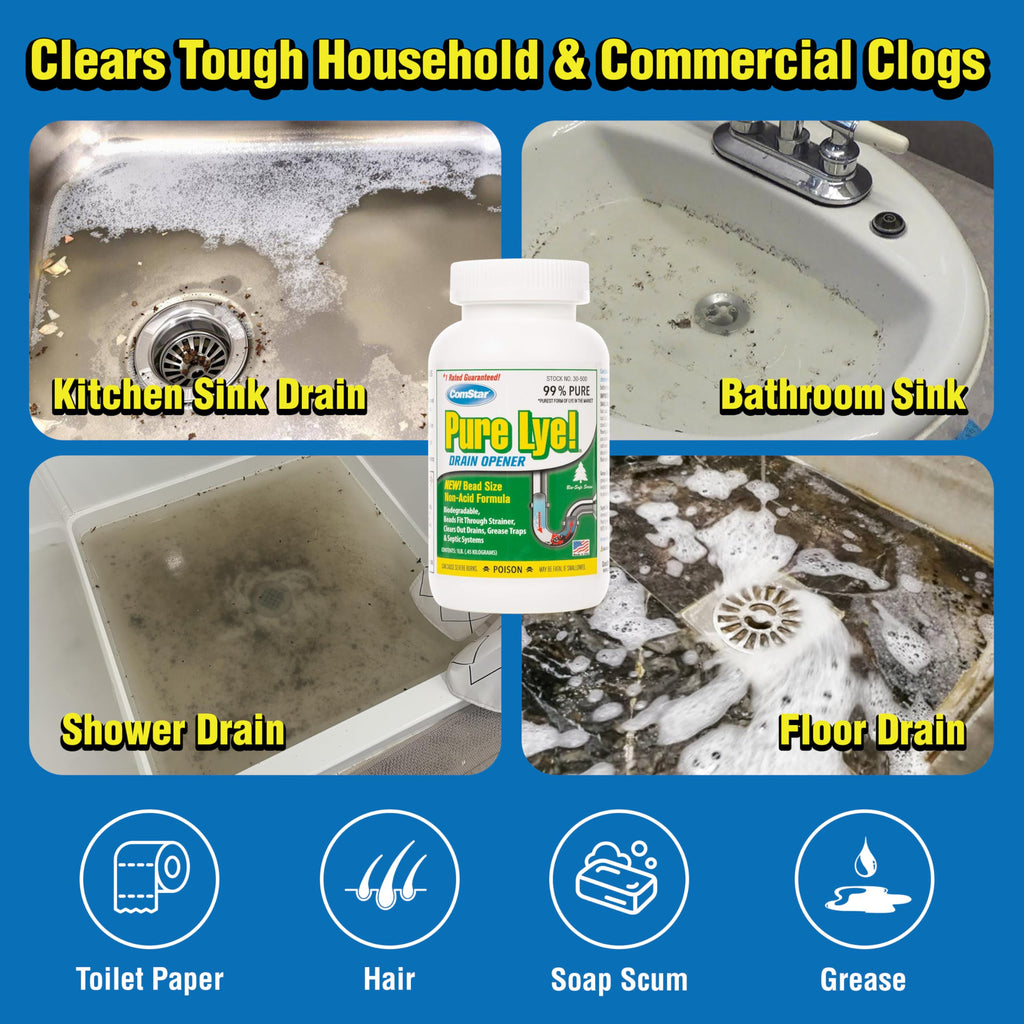 ComStar Pure Lye 2 lb - Unique Sodium Hydroxide Beads | Drain Opener & Soap Making | Biodegradable, Eco-Friendly (30-504)