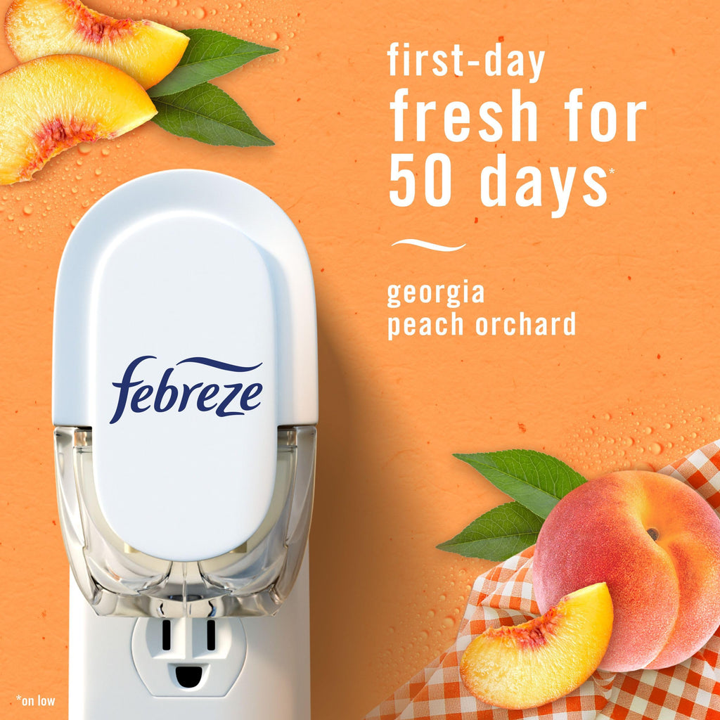 Febreze Plug In Air Freshener, Odor-Fighting Scented Oil Refill, Air Fresheners for Home and Bathroom and Kitchen, Long Lasting for Strong Odors, Juicy Summer Peaches Scent, 0.87oz Refills, 4 Count