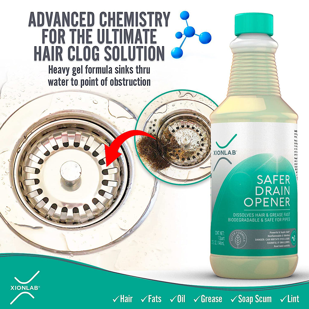 XionLab Safer, Greener Drain Clog Remover – Industrial-Strength Liquid Drain Cleaner for Hair & Grease – Septic Safe, Odorless, Biodegradable for Bathroom Sink, Bath Tub, & Shower Drain – 32 oz