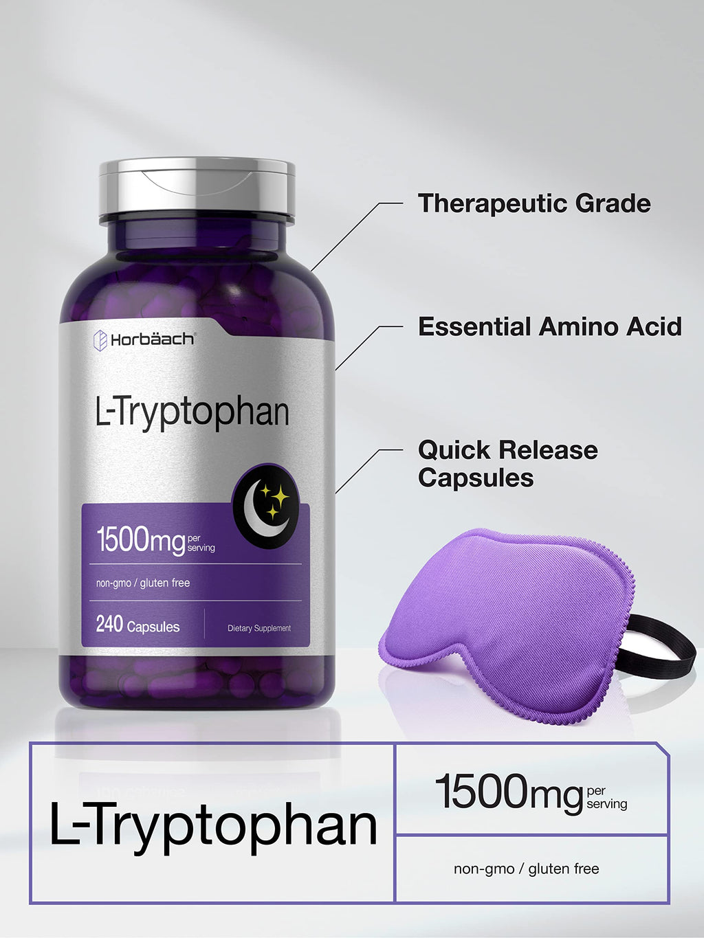 Horbäach L Tryptophan 1500mg Capsules | 240 Count | Nighttime Formula | Non-GMO, Gluten Free Supplement