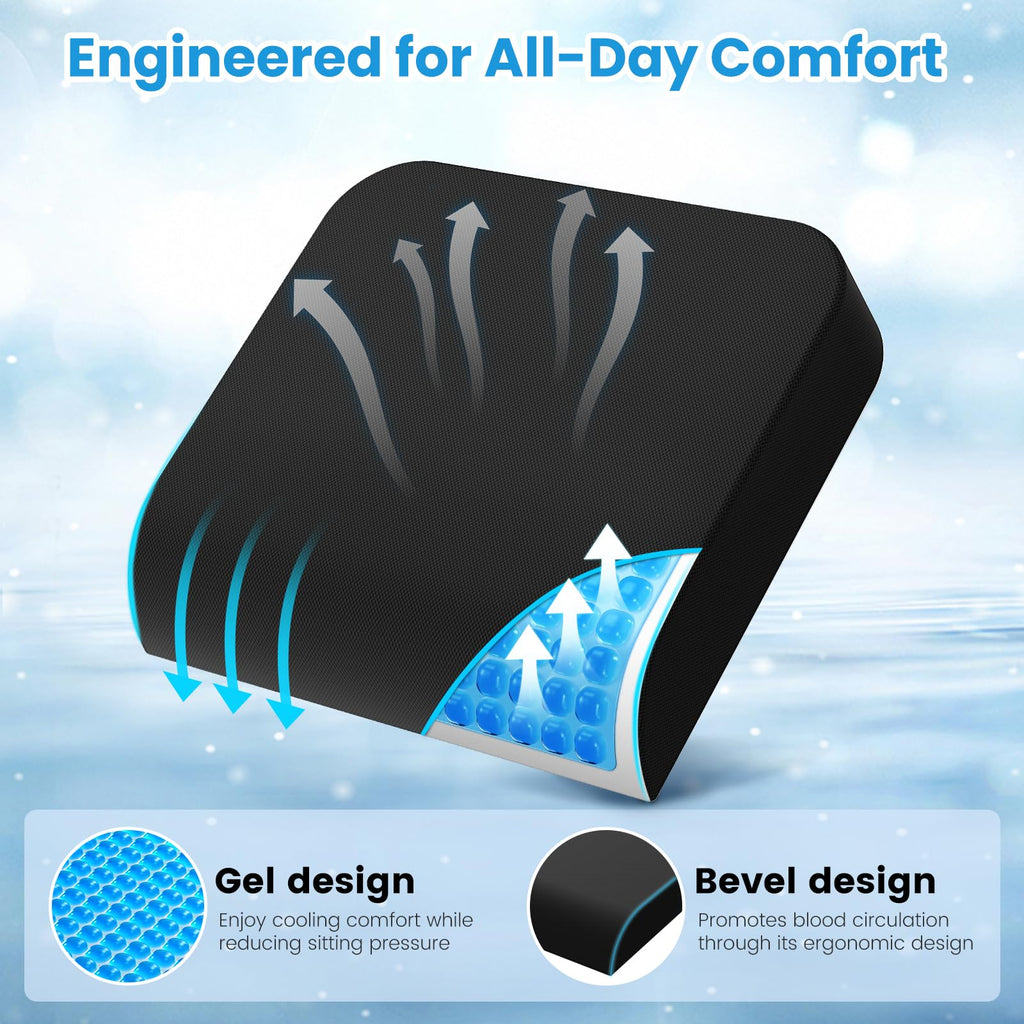 Wheelchair Seat Cushion - Cooling Gel & Memory Foam Office Chair Cushion with Non-Slip Bottom & Washable Cover, Ergonomic Car Seat Pillow for Sciatica, Tailbone, Back Comfort (Black)