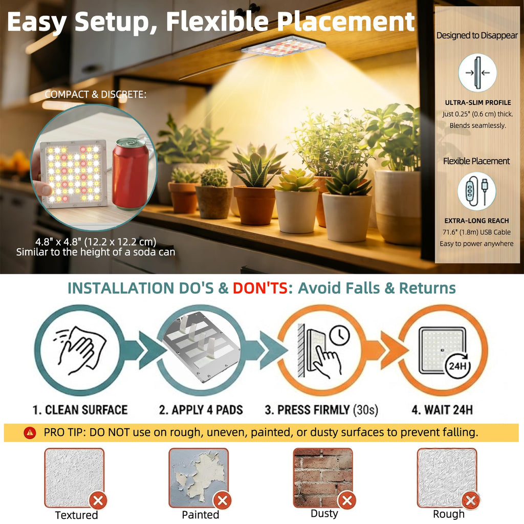 Under Shelf Grow Light, Stick On LED Plant Light, Indoor Plants with Timer