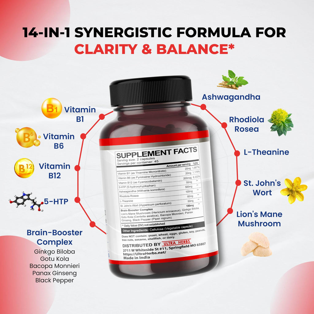 Dopamine Focus Supplement Ashwagandha 5-HTP Rhodiola Rosea St. John's Wort - Increase Memory Clarity Focus Restore Relax with VIT B1, B6, B12, L-Theanine