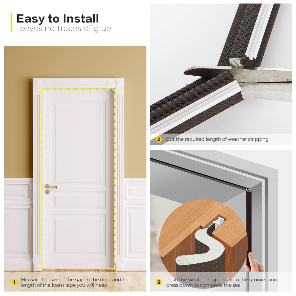 Weather Stripping Door Seal Strip - Soundproof Q-Shaped Foam for Exterior Door Frame, Large Gap Seal, Noise Cancelling, Easy to Install (Brown, 26FT)