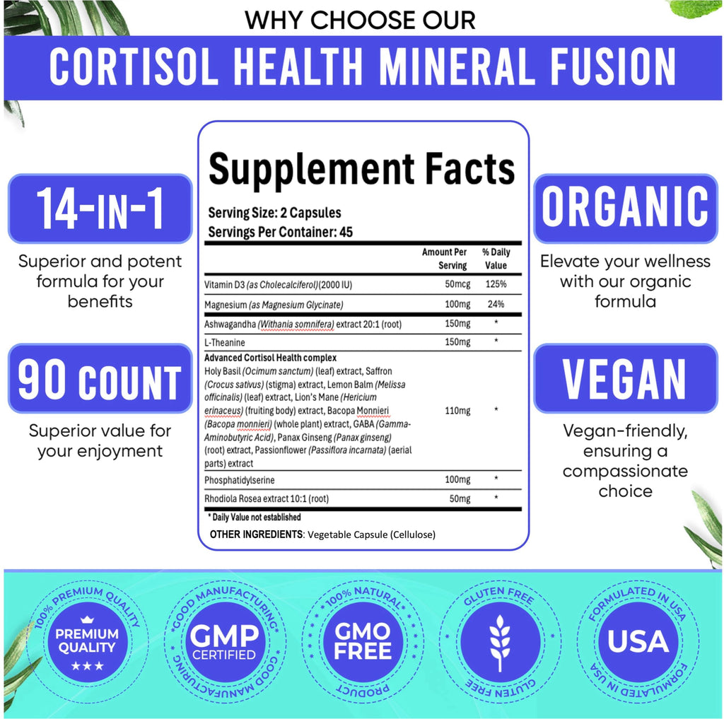 Adndale Cortisol Supplements for Women. Cortisol Reducer 14-in-1 Ashwagandha Supplement with Magnesium Glycinate, L-Theanine & More. 90 Capsules.