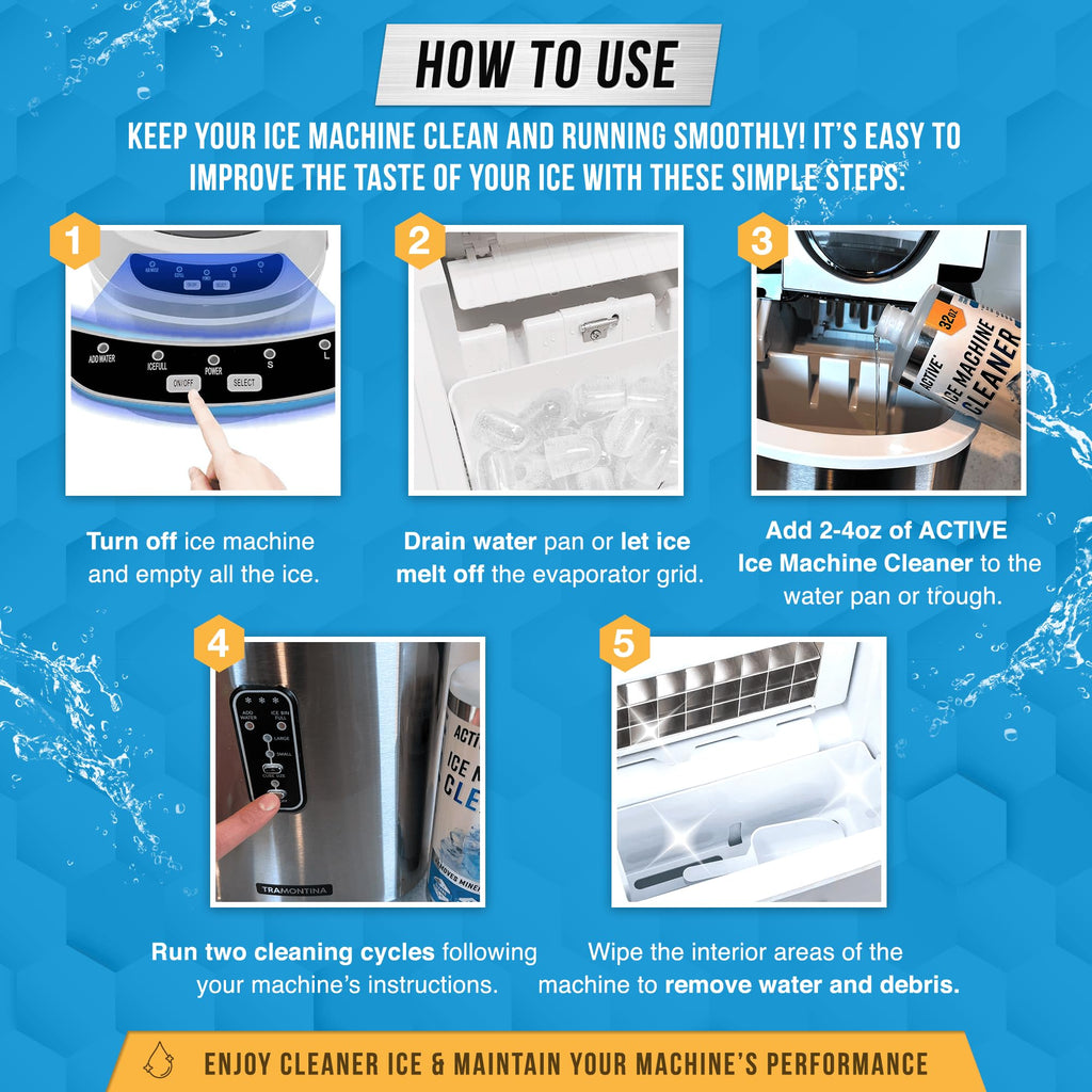 ACTIVE Ice Machine Cleaner Maker Descaler - 32 fl oz (8 Uses) Nickel Safe Ice Maker Cleaner Solution - Compatible with Whirlpool 4396808, Scotsman,Manitowoc,Hoshizaki, GE Opal Cleaning Kit - USA Made