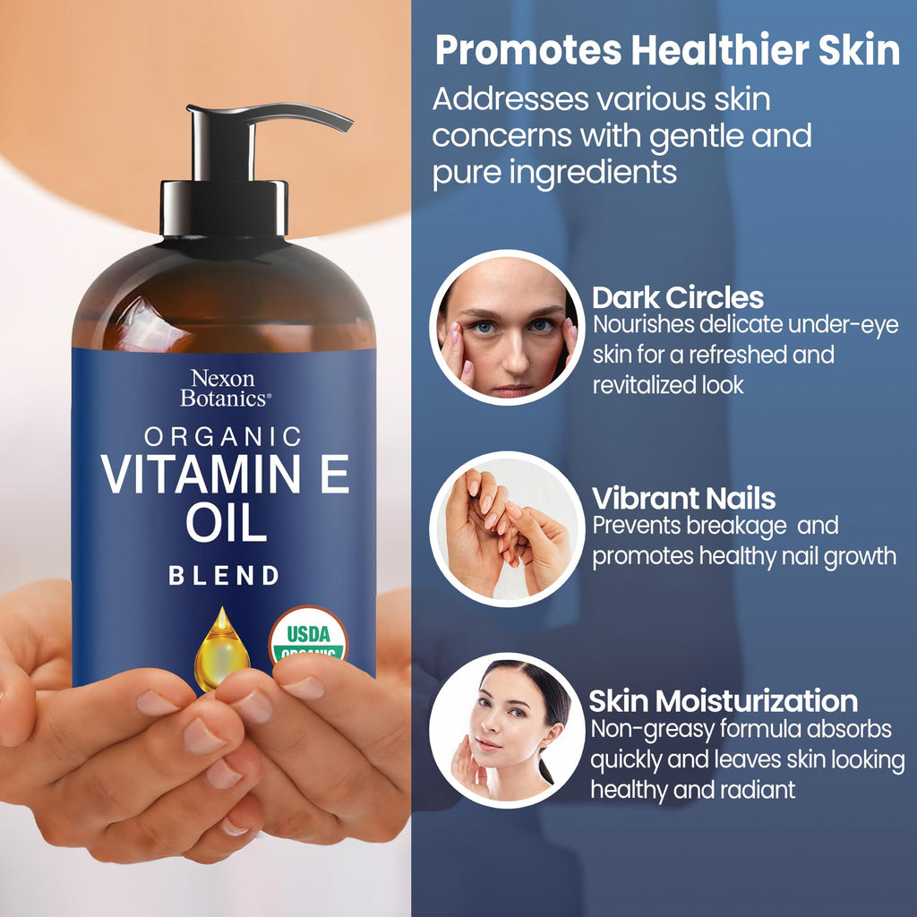Organic Vitamin E Oil Blend 8 fl oz - Made from Pure, Natural Oils for Skin, Scars & Face - Aceite de Vitamina E - Nexon Botanics