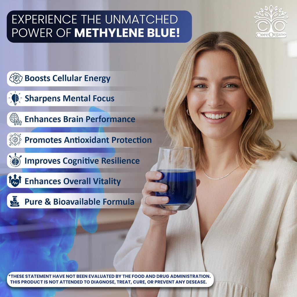 Core Organo Ultra-Pure & Premium 1% Methylene Blue Drops – 3rd Party Lab Tested, 99.9% Purity, Formaldehyde & Alcohol-Free, Pharmaceutical Grade Methylene Blue Drops – 60ml (2.02 fl oz)
