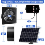 10-Inch 15W Solar Fan with Timer & Remote, Reversible Intake Exhaust Vent System for Chicken Coop, Greenhouse & Shed, Aluminum 6-Speed Airflow with 17ft Cable