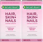 Nature's Bounty Optimal Solutions Hair, Skin & Nails Formula, with 3,000 mcg Biotin, 20 Total Servings, 60 Coated Caplets (Pack of 2)