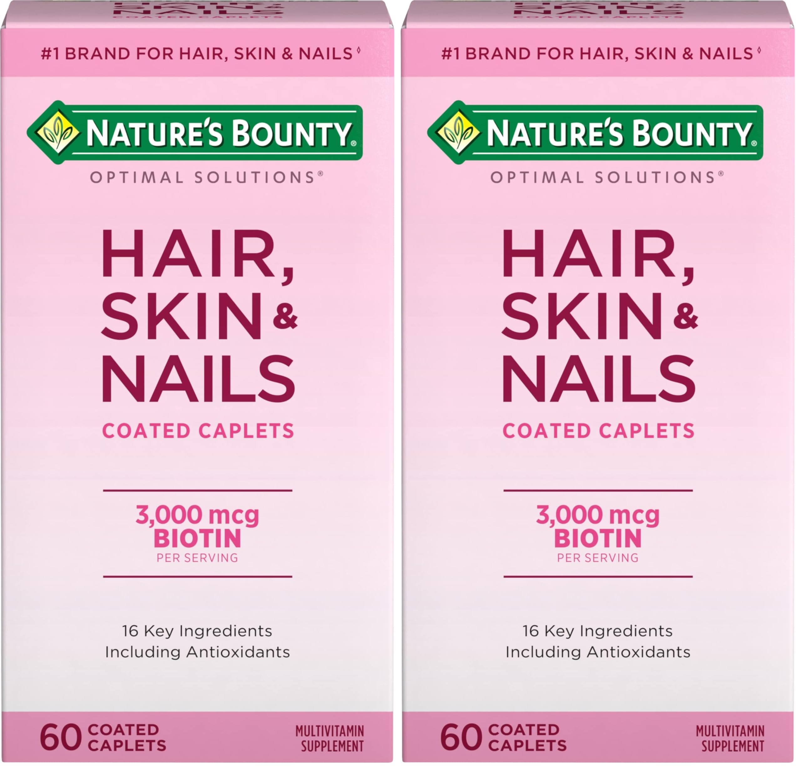 Nature's Bounty Optimal Solutions Hair, Skin & Nails Formula, with 3,000 mcg Biotin, 20 Total Servings, 60 Coated Caplets (Pack of 2)