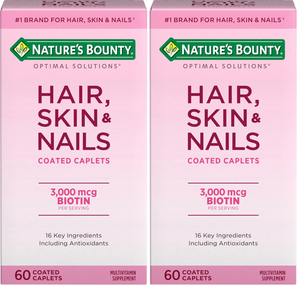Nature's Bounty Optimal Solutions Hair, Skin & Nails Formula, with 3,000 mcg Biotin, 20 Total Servings, 60 Coated Caplets (Pack of 2)