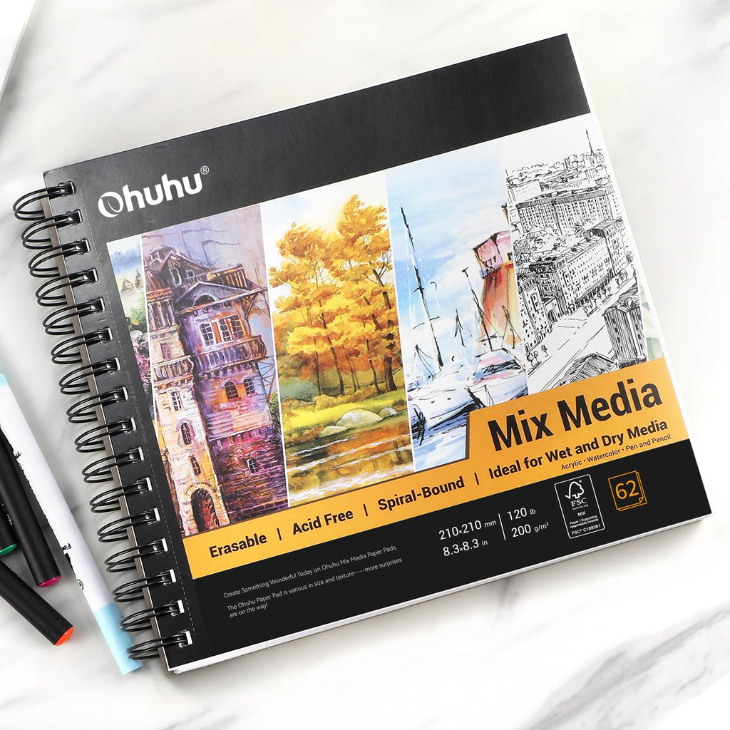 Ohuhu 8.3"x8.3" Mix Media Pad Art Sketchbook 62 Sheets for Painting Drawing