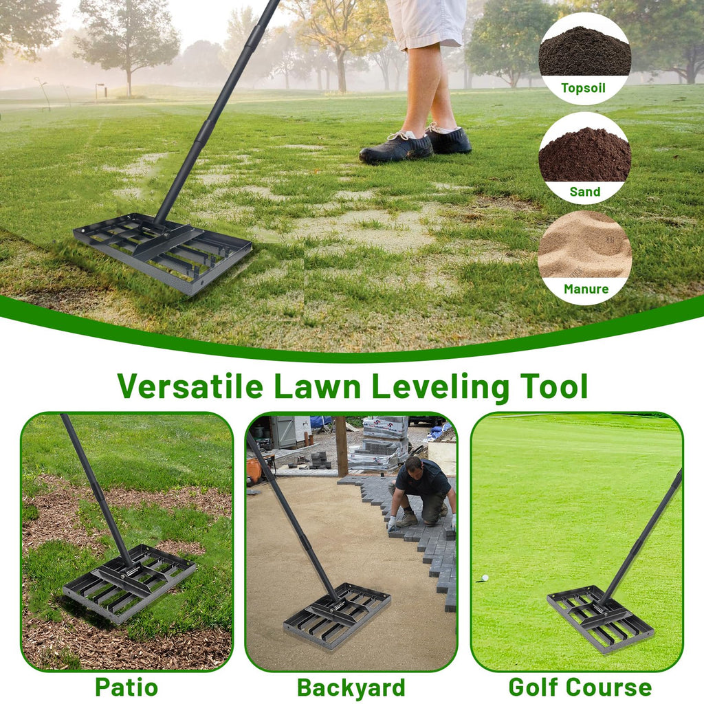Lawn Leveling Rake 17"x10",Lawn Leveling Tool with 68" Long Adjustable Stainless Steel Handle for Leveling Soil,Grass,Sand or Dirt,Heavy Duty Lawn Leveler for Backyard,Garden,Golf Course,Farm,Pasture