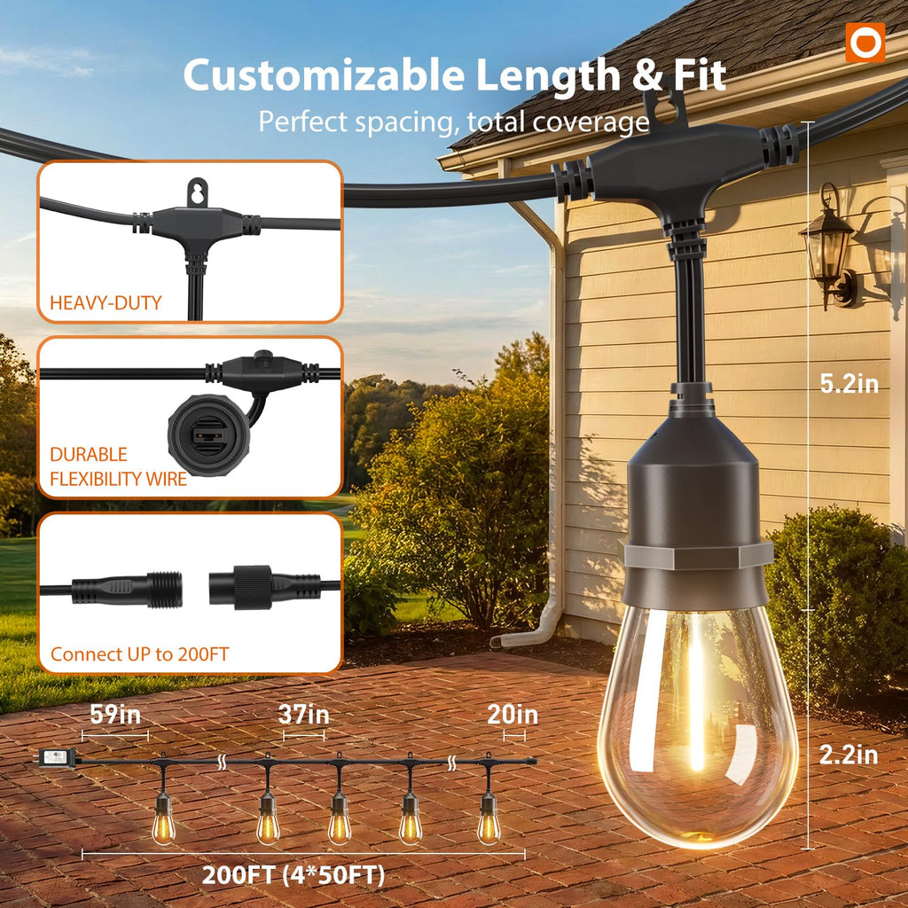 addlon 200FT Outdoor String Lights LED with Remote Dimmable Patio Lights Waterproof Shatterproof Edison Bulb for Outside Backyard Porch Garden Bistro Pergola Party Decor, Warm Ambience Lighting
