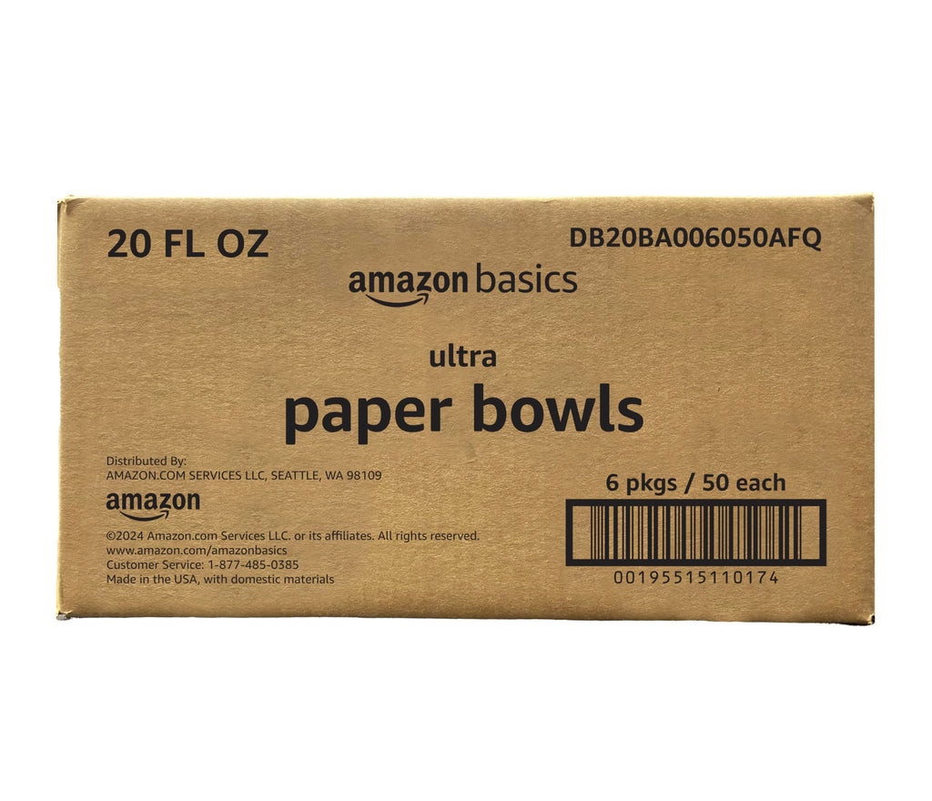 Amazon Basics Ultra Disposable Paper Bowls, 20 Oz, Microwave Safe, Soak Proof, Strong & Sturdy, White, 300 Count (6 Packs of 50)