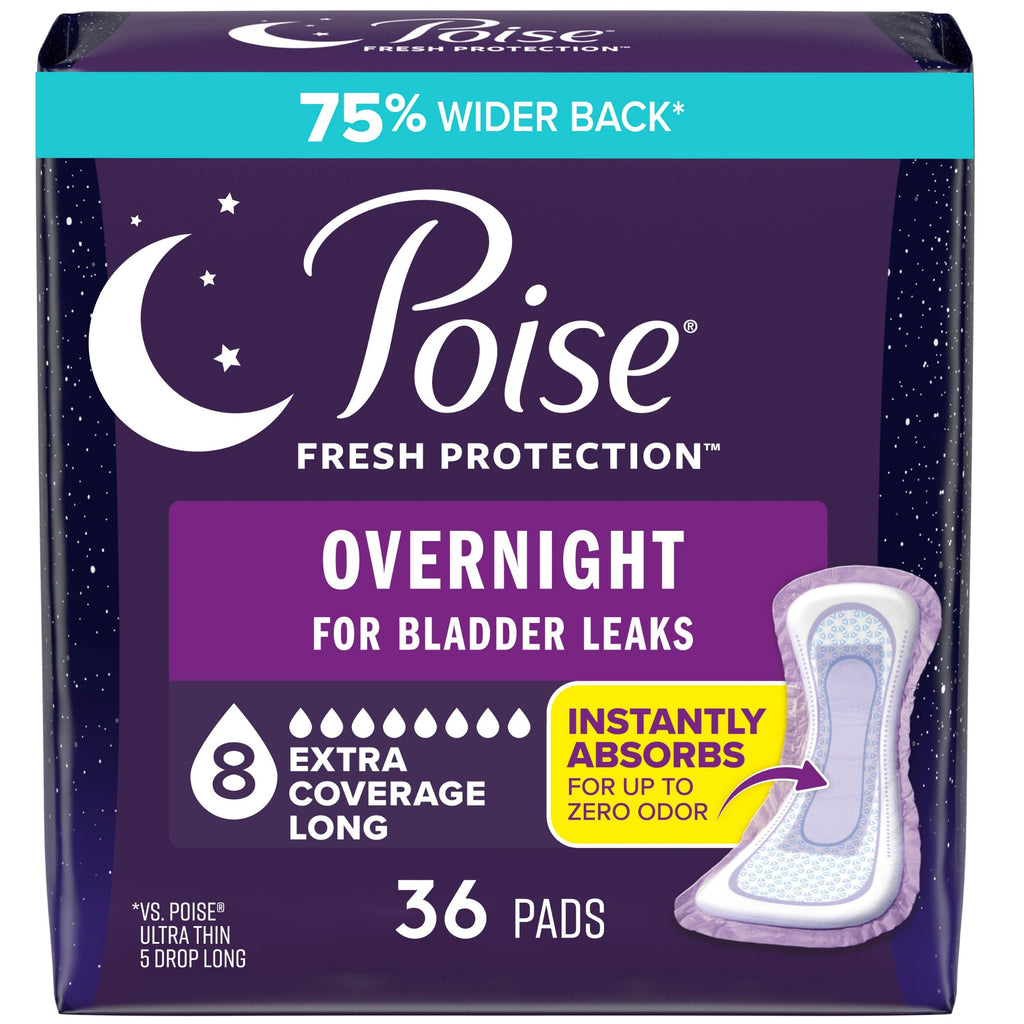 Poise Incontinence Pads & Postpartum Overnight Incontinence Pads, 8 Drop Extra Coverage, 36 Count, Packaging May Vary