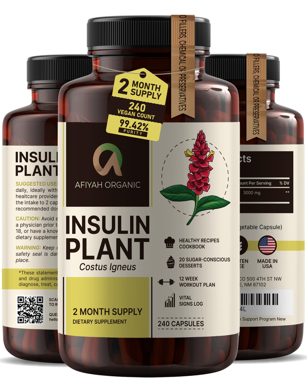 Afiyah Organic - Premium Quality Costus Igneus (Insulin Plant) Capsules - Easy to Swallow 240 Veggie Capsules (2 Month Supply) - Made in the USA - Including Complete Health Support Program