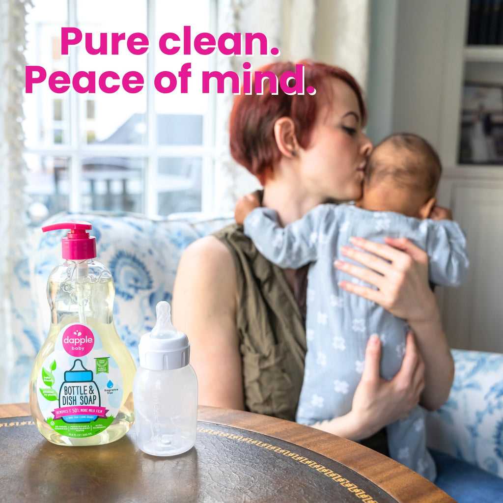 Dapple Baby Fragrance Free Bottle & Dish Soap - (3 Pack) 16.9 fl oz - Cleans Baby Bottles, Sippy Cups, Pacifiers, Breast Pumps, & More - Gently Removes Milk Film & Odors - Includes 1 Pump