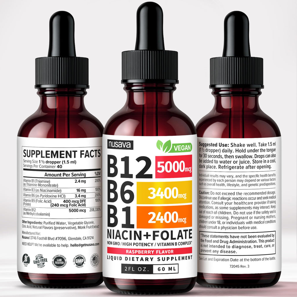 (4 Pack) Vitamin B12 and B6 Liquid Drops, B12 Sublingual Vitamin B Complex - B 12 Vitamin 5000mcg - B12 Methylcobalamin for Energy, Brain, and Heart Support with 27,200 mcg, Raspberry, 80 Servings