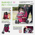 Petique Durable Pet Stroller, Easy Fold, Quality mesh Windows, Large Storage Basket, Secure Cup Holder Tray, for Small to Medium Dog, Cat, Bunny, Supports Pets up to 55LBS - RAZZBERRY