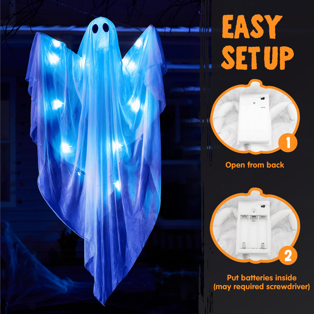 JOYIN Halloween Hanging Light up Ghost, 47” White Ghosts with Blue LED Light and Timer Halloween Hanging Decoration Waterproof for Front Yard Patio Lawn Garden Party Decor Indoor Outdoor