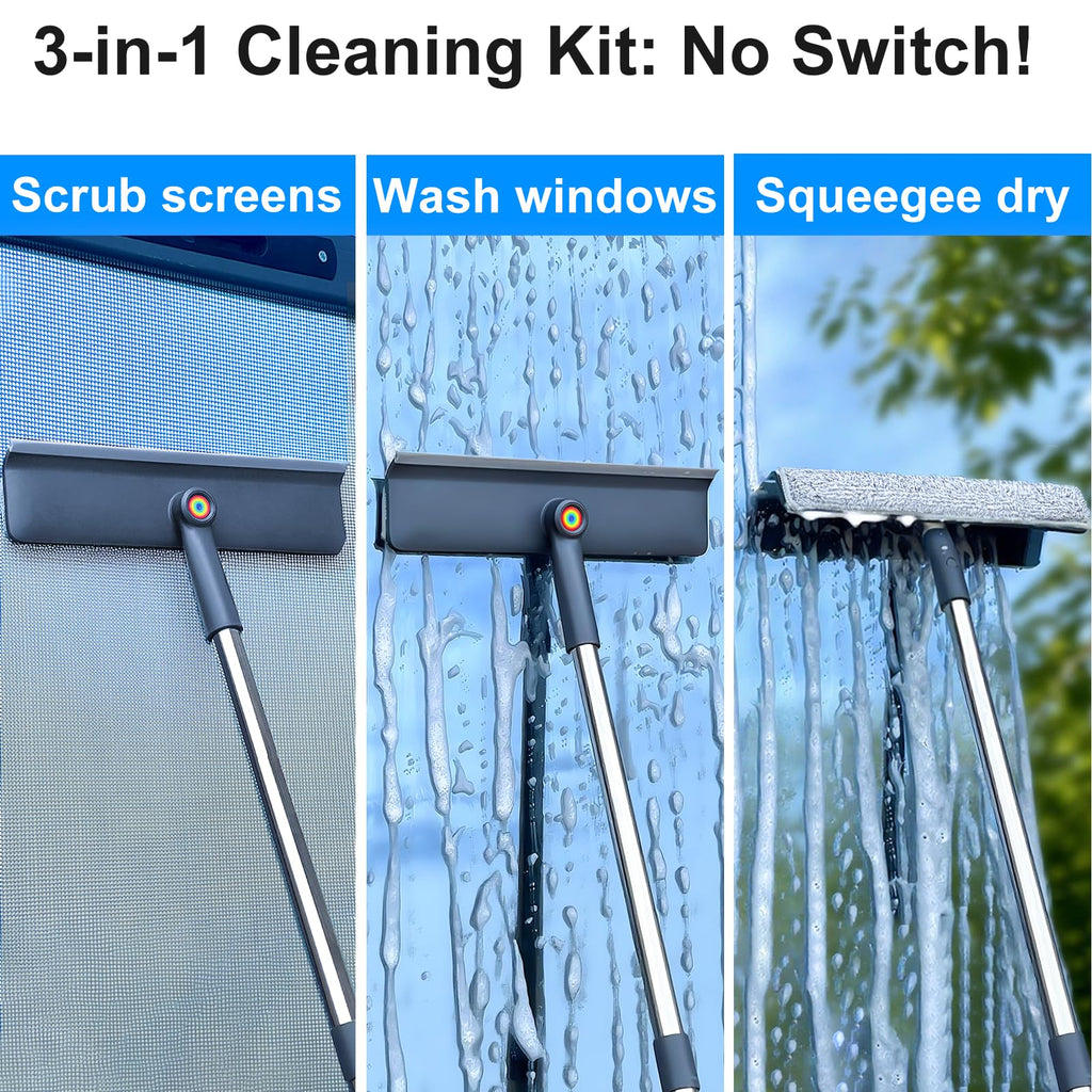 Purexa 3-in-1 Window Squeegee for Home - 60" Window Cleaning Kit with 3 Microfiber Cloths & Screen Brush, All-in-1 Cleaner Tool for Outdoor Windows, Glass Door & Screens, Lightweight & Easy Storage