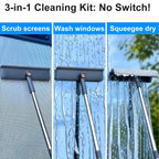 Purexa 3-in-1 Window Squeegee for Home - 60" Window Cleaning Kit with 3 Microfiber Cloths & Screen Brush, All-in-1 Cleaner Tool for Outdoor Windows, Glass Door & Screens, Lightweight & Easy Storage
