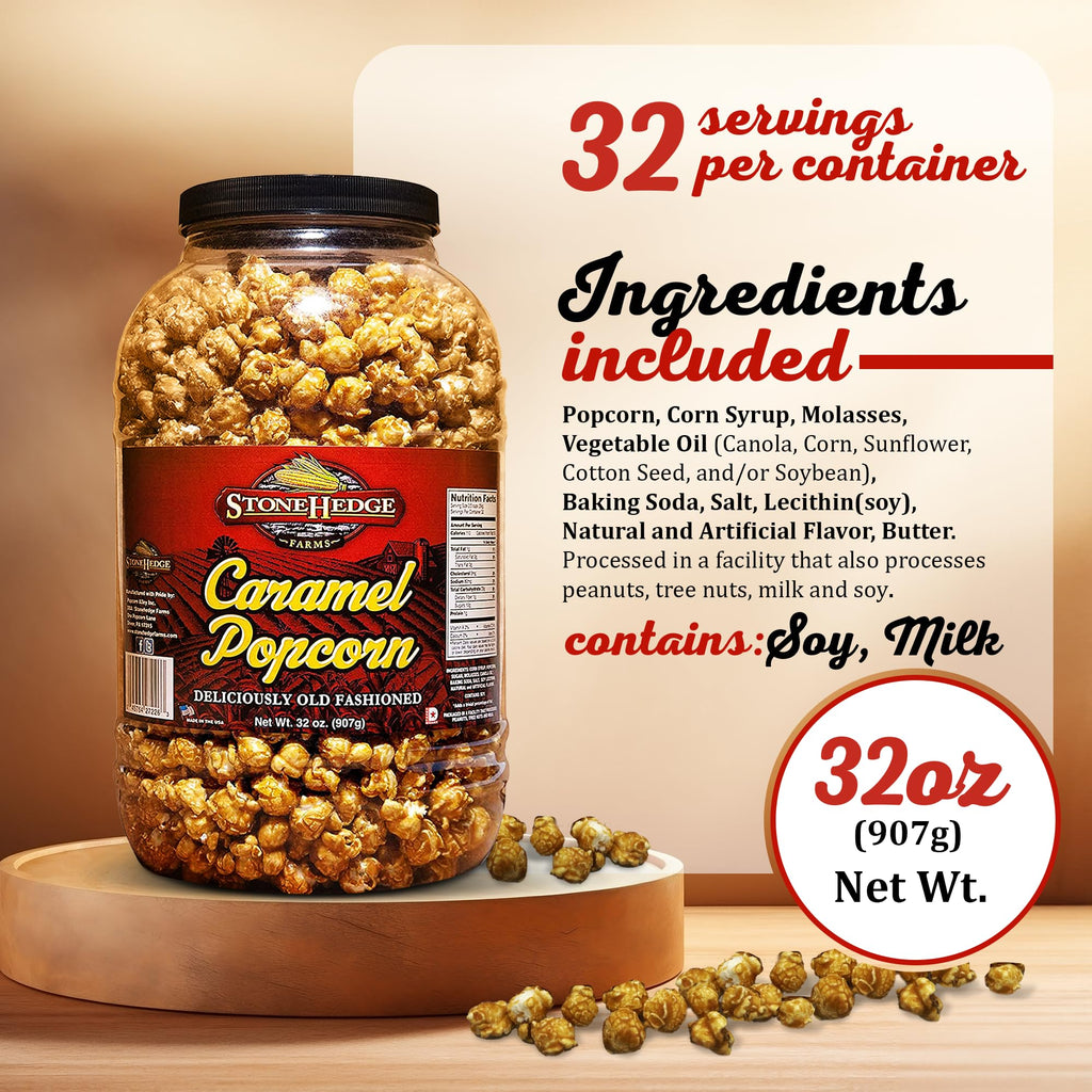 Stonehedge Farms Caramel Flavored Popcorn | 32 oz Large Tub | Perfect for Holidays and Christmas | Bulk Gourmet Popped Sweet Snacks | Carmel Pop Corn | 2 Pound Gift