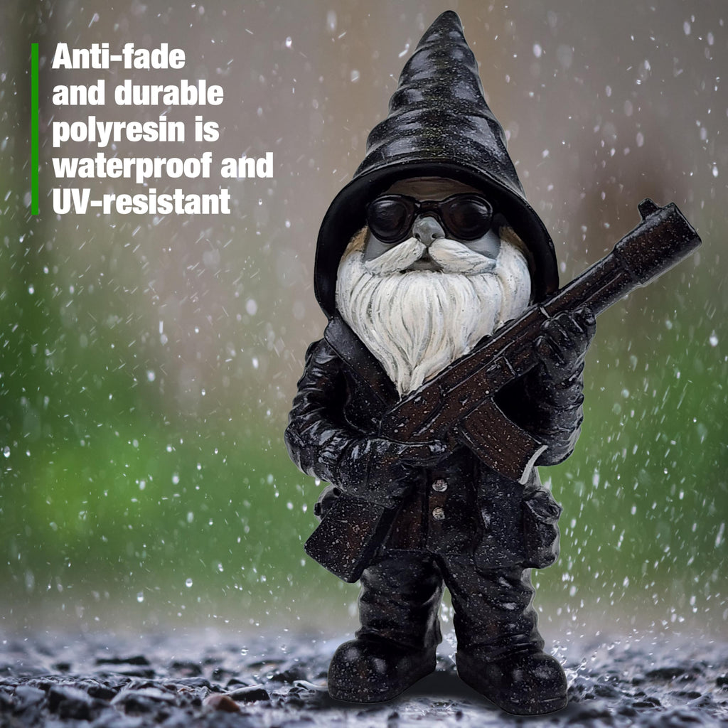 Better Office Products Garden Gnome Statue, 8" Height, Handcrafted Waterproof, UV-Resistant Polyresin Lawn Patio Porch Ornament Decoration (Stone Cold Hitman)