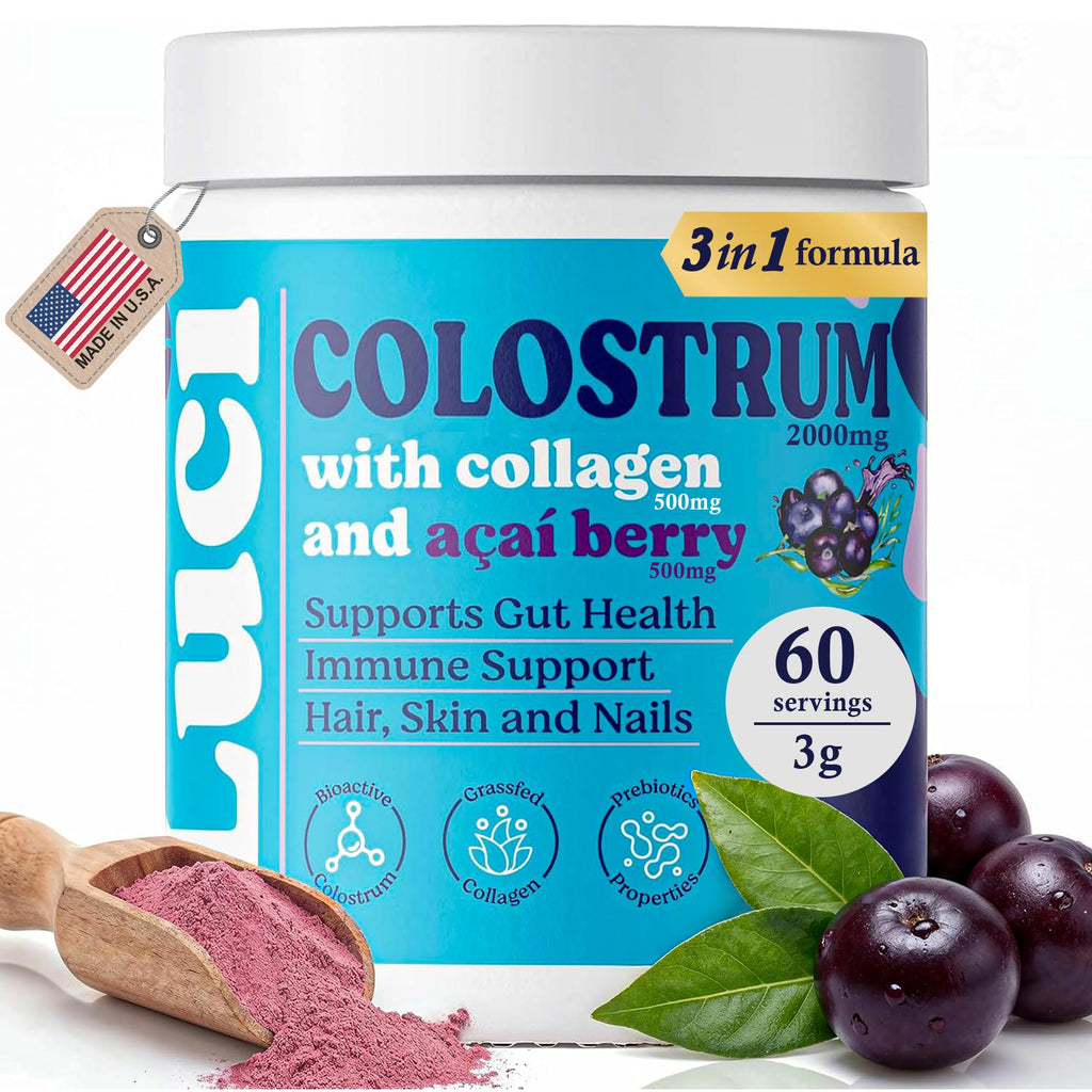 Luci Colostrum Powder 60 Servings 3 in 1 with Collagen Peptides and Acai, Bovine Colostrum for Gut Health, Bloating, Collagen Protein for Muscle, Skin, Hair, Nails and Immunity, Gluten & Fat Free 180g
