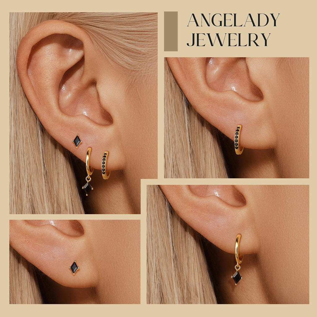 3 Pairs Black CZ Hoop Earrings for Women, Huggie Dangle Stud Set