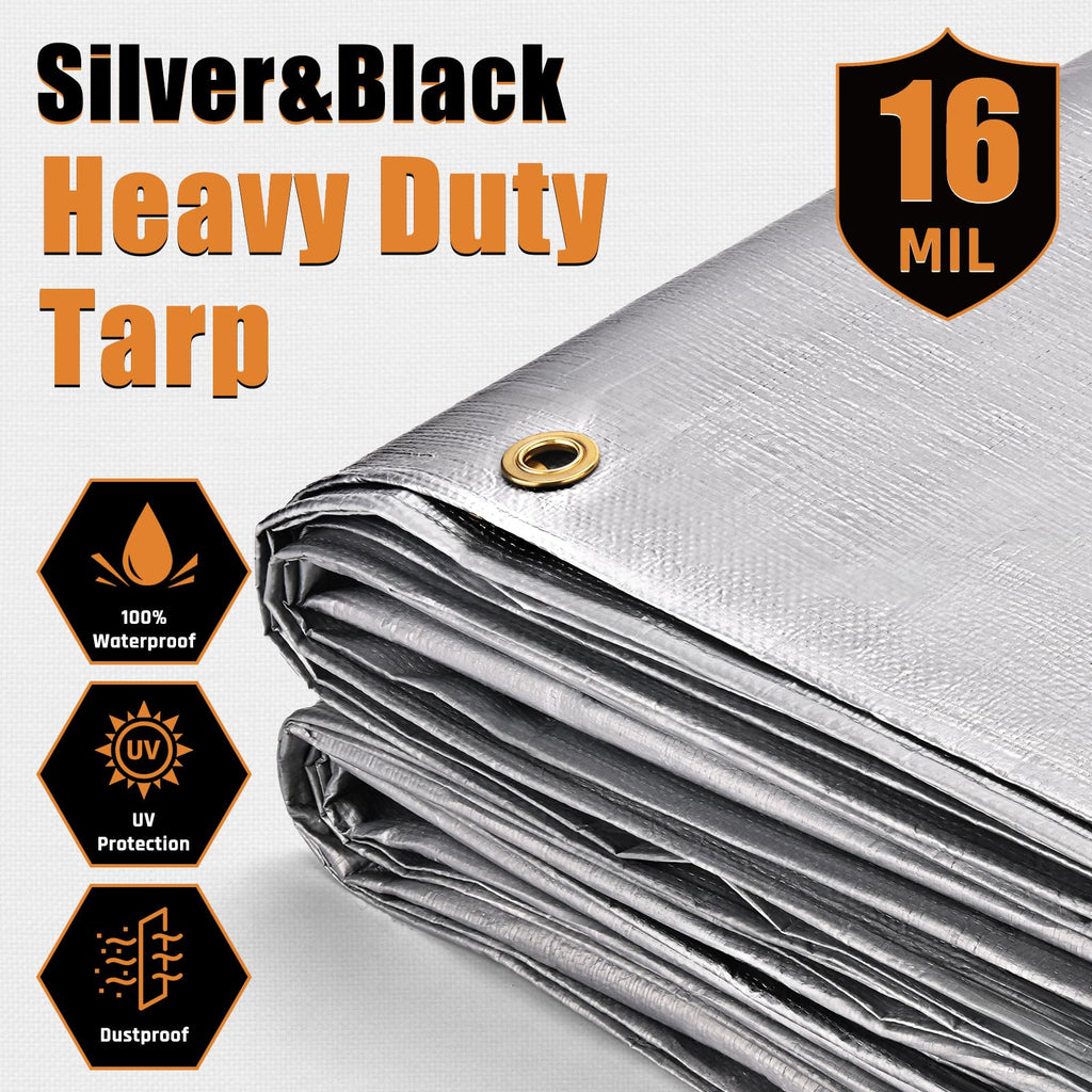 12x20FT Waterproof Tarp, Yumatum 16 Mil Heavy Duty Tarps with Reinforced Edges/Brass Grommets, 100% UV Blocking/Tear Resistant Poly Tarp for Camping, Patio, Tent, Boat(Silver/Black)