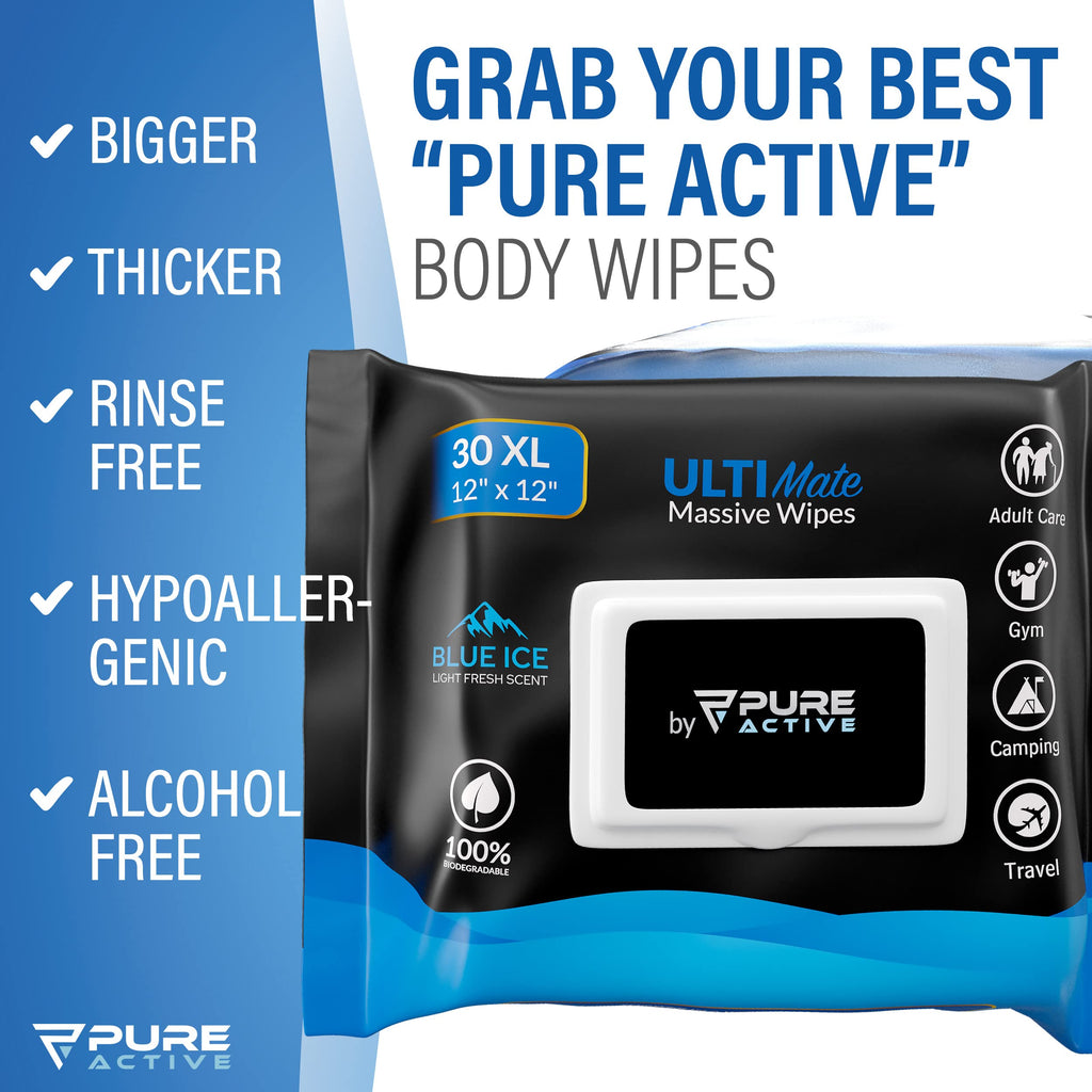 Pure Active XXL Body Wipes for Face and Body, Deodorizing Men's Shower Wipes for Camping, Travel, and After Workout, 12x12 Blue Ice Scented 30 Pack