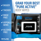 Pure Active XXL Body Wipes for Face and Body, Deodorizing Men's Shower Wipes for Camping, Travel, and After Workout, 12x12 Blue Ice Scented 30 Pack