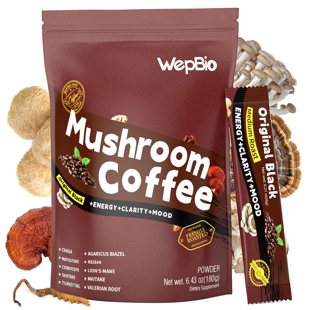WepBio Mushroom Coffee Original Black 11 in 1 Adaptogenic Mushrooms Blend with Ashwagandha KSM-66,Lions Mane,Reishi,Turkey Tail Instant Mushroom Coffee for Boost Energy, Focus 30 Servings