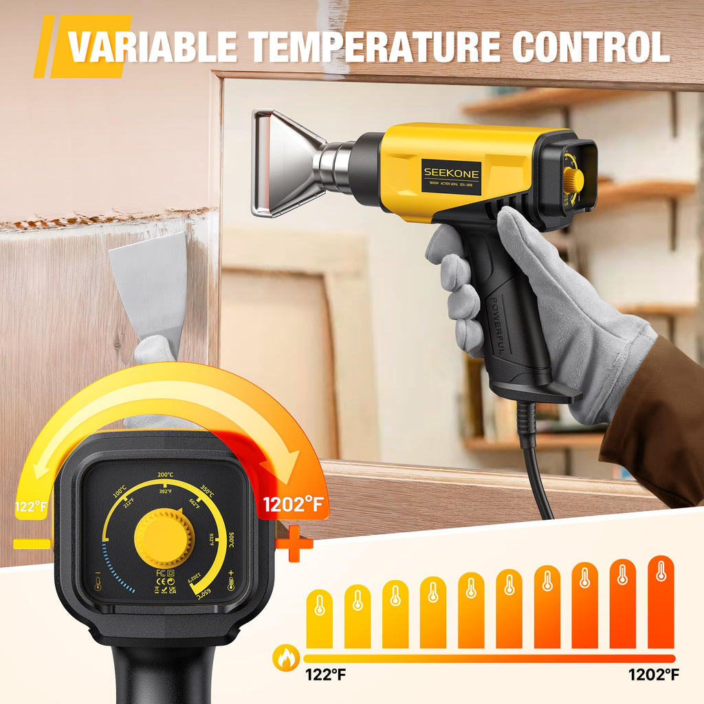 SEEKONE 1800W Heat Gun Compact Design Heavy Duty Hot Air Gun 122℉-1202℉（50℃- 650℃）Variable Temperature Control for 2 Speed Settings with 4 Nozzels for Crafts, Vinyl Wrap, Shrink Tubing