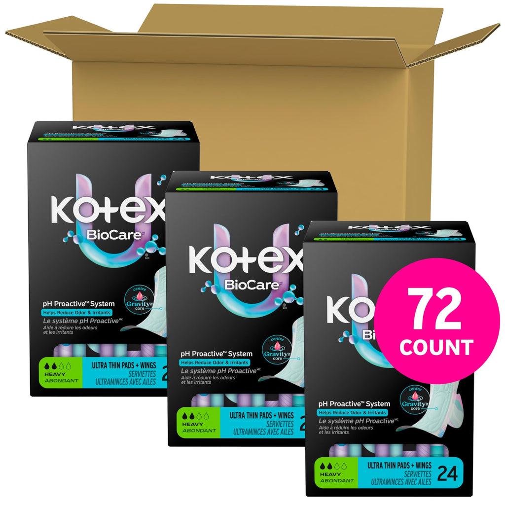 Kotex BioCare Ultra Thin Pads with Wings, Heavy Absorbency, 72 Count (3 Packs of 24)(Packaging May Vary)