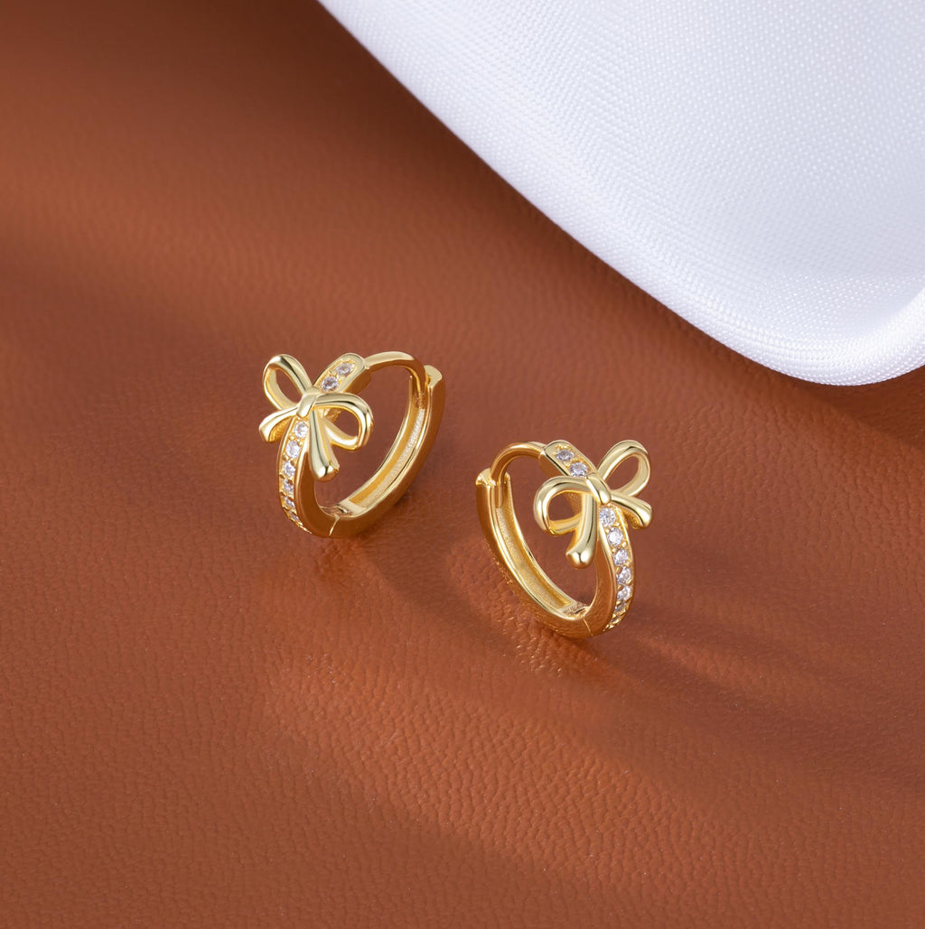 Reffeer Solid 925 Sterling Silver CZ Bow Hoop Earrings Ribbon for Women Teen Girls Bowknot Hoop Earrings Huggie (B-18K Gold)
