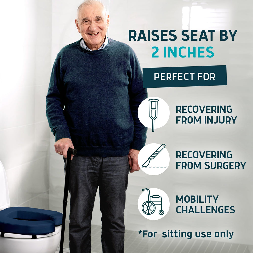 Lunderg Padded Toilet Seat Riser for Seniors - Adds 2 inches. Universal Fit - FIRM Raised Toilet Seat Cushion with High-Density Foam for Enhanced Comfort & Elevation. Post-Surgery Must have (Blue)