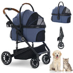 TODEFULL Pet Stroller with 4 Wheels, 3 in 1 Folding Puppy Strollers for Small/Medium Dogs Cats up to 50lbs, Lightweight Pet Travel Carrier with Detachable Cushion, Storage Basket and Cup Holder, Blue