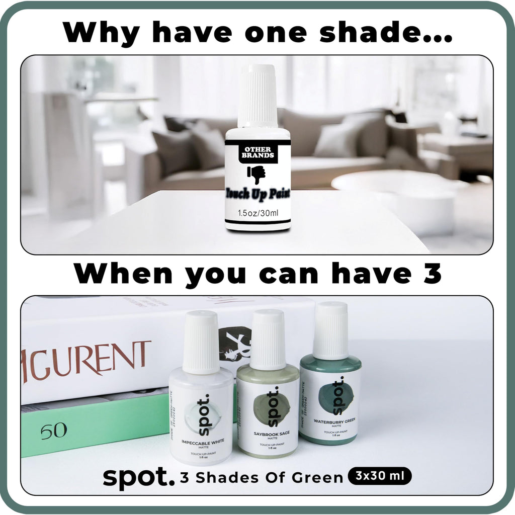 spot. Touch-Up Paint | Matte Finish for Cabinets, Walls, Doors & Furniture | Multi-Tone Green Repair Kit | Quick-Dry, Self-Priming, Low-Odor, Eco-Friendly | No-Sanding or Primer Needed | 3 Pack